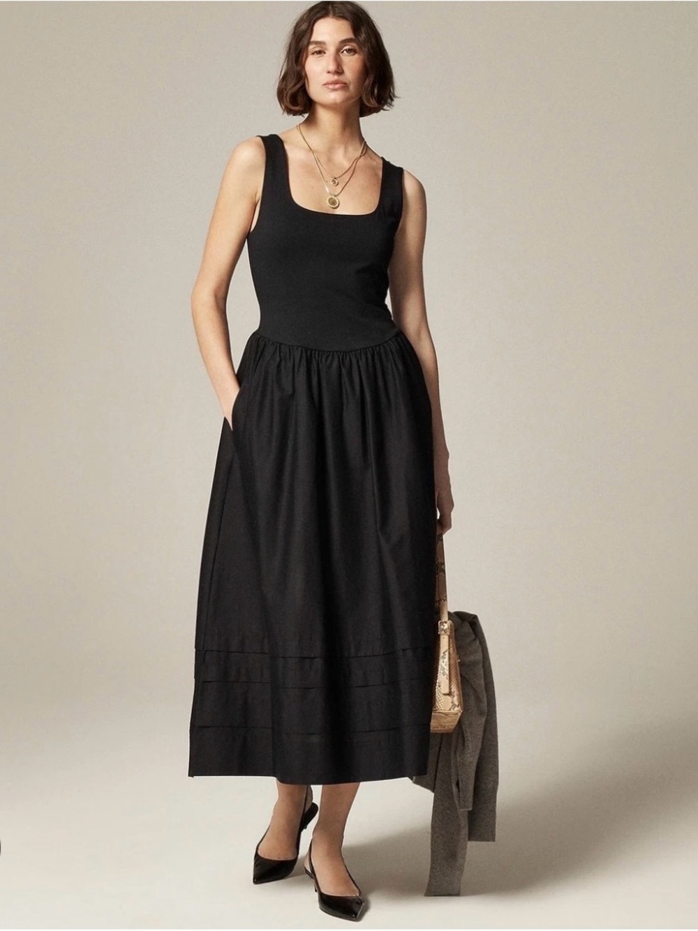 J.Crew Drop Waist Mixy Midi Dress L Black Cotton Poplin Pockets NWT CJ497